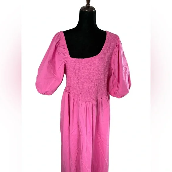 Eloquii Vibrant Barbie Pink Smocked Asymmetric Neck Maxi Dress - Picture 10 of 16